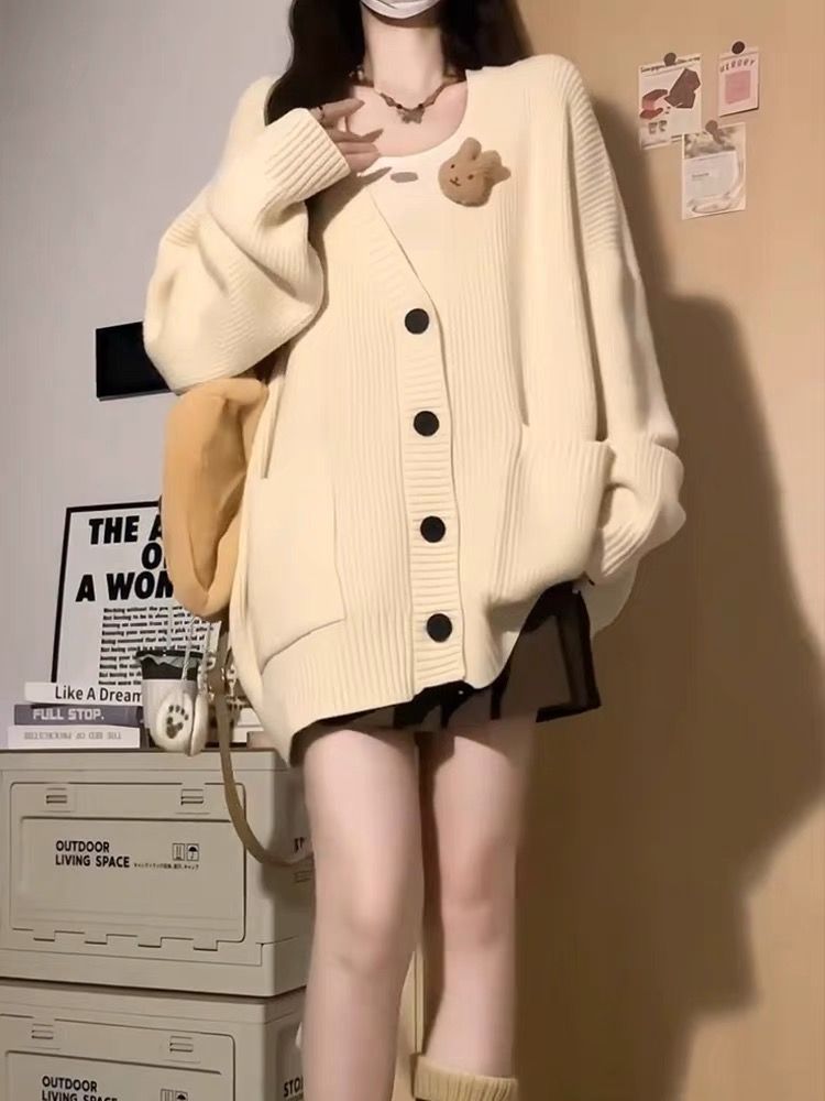 High-end new style lazy style soft sweater jacket for small people autumn and winter retro Korean style versatile loose knitted cardigan