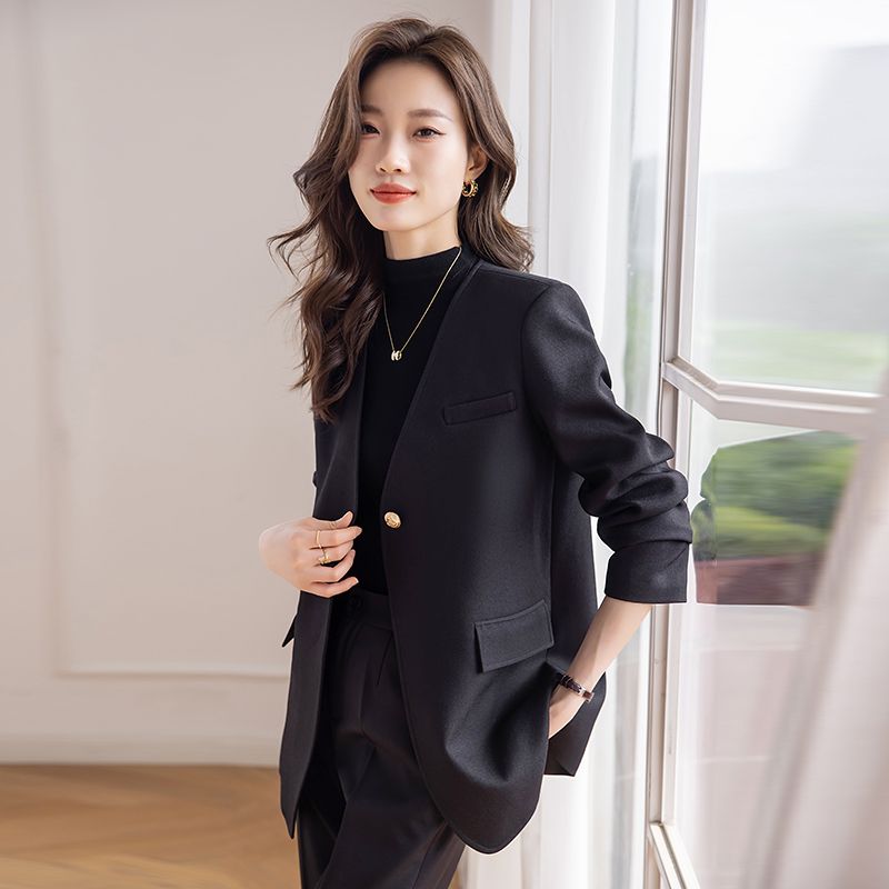 高級感無領黑色西裝外套女秋冬2023新款V領氣質韓版休閒西服上衣