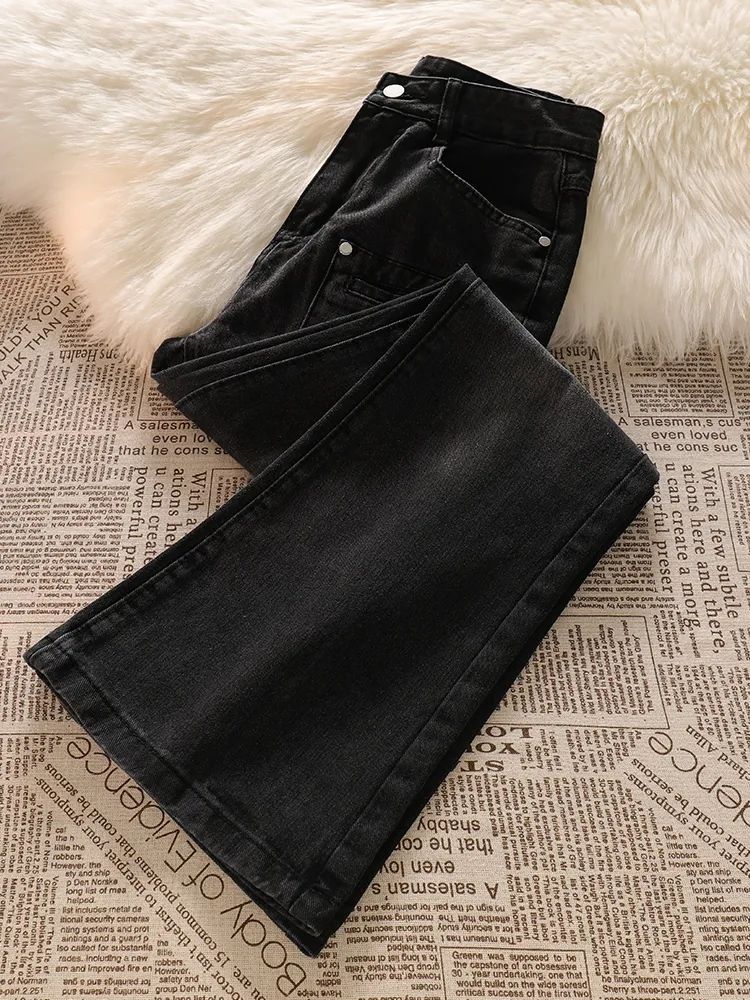复古黑色牛仔裤女春秋季设计感小众学生高腰直筒微喇马蹄裤子