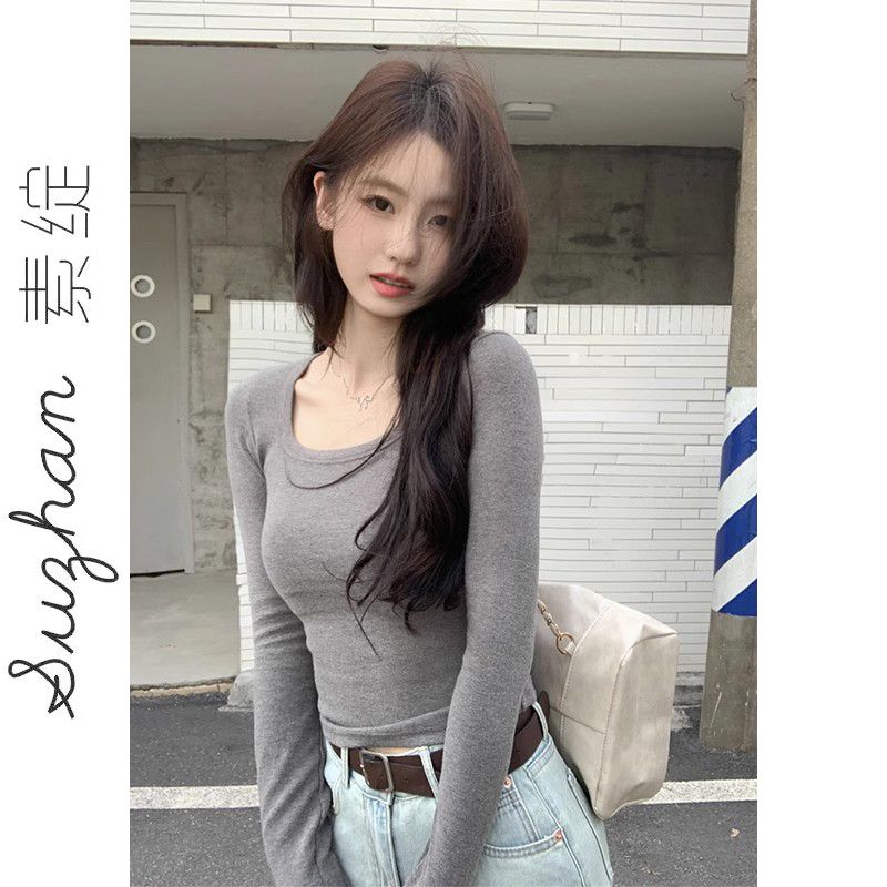 德絨u領長袖正肩內搭T恤女秋冬甜辣妹修身純欲時尚保暖打底衫上衣