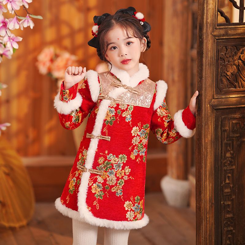 拜年服女童漢服旗袍冬季寶寶中國風新款唐裝過年兒童喜慶加厚冬裝