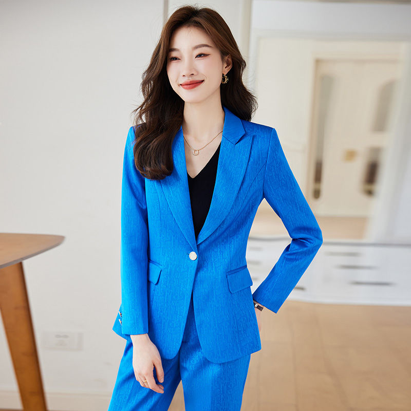 高端藍色西裝套裝女秋冬款職業氣質女神范酒店前台工作服西服外套