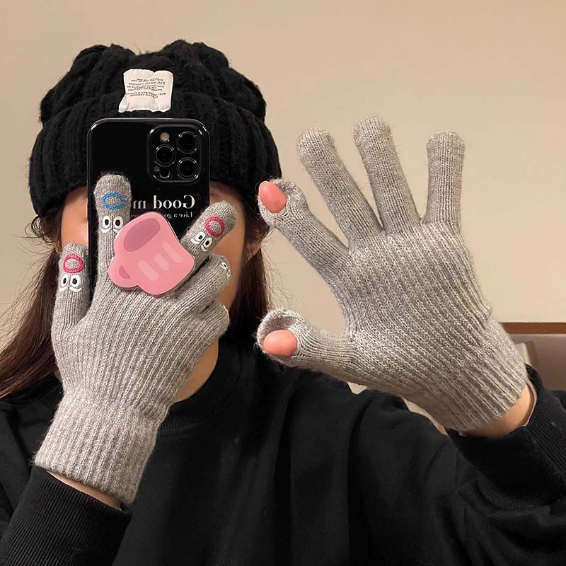 针织手套女冬季保暖可触屏毛线全指学生骑行搞怪可爱漏指玩手机