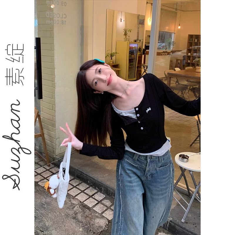 秋季短款韓系長袖T恤女黑色假兩件半開領修身顯瘦甜辣潮牌上衣ins