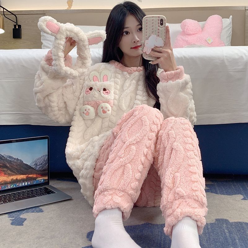 珊瑚絨睡衣女秋冬款加絨加厚保暖學院風ins甜美寬鬆法蘭絨家居服