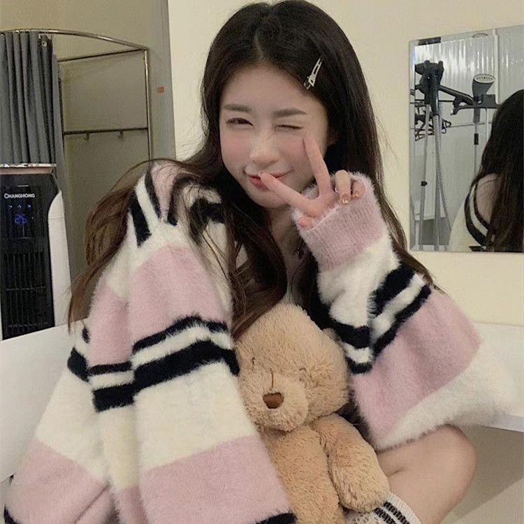 森系條紋軟糯糯毛衣女秋冬新款韓系溫柔小個子甜美慵懶風針織上衣