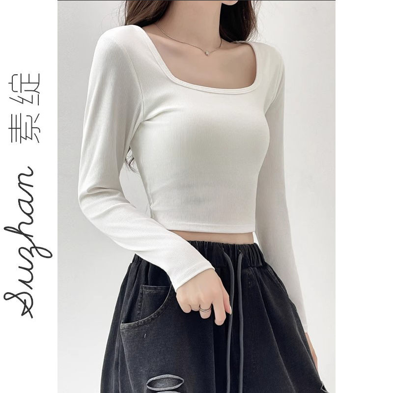 時尚德絨方領長袖T恤女秋冬內搭短款氣質辣妹小眾修身顯瘦上衣ins