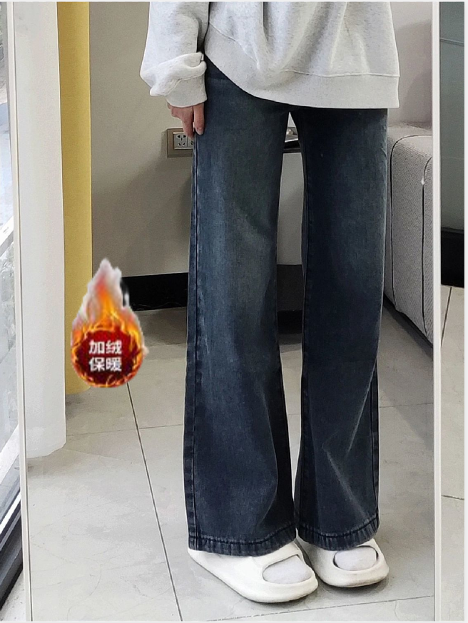 高腰復古微喇叭牛仔褲女2023新款冬季直筒寬鬆加絨加厚馬蹄拖地褲