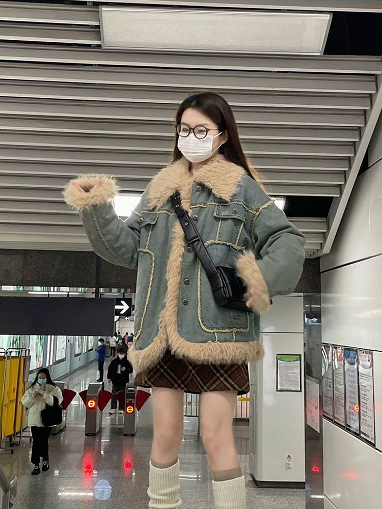 Lamb wool denim stitching fur coat for women winter loose student versatile plus velvet thickened retro quilted cotton jacket