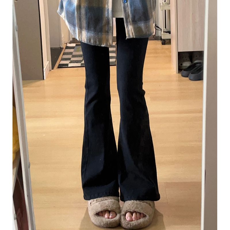 黑色高腰微喇叭牛仔褲女秋冬小個子修身緊身彈力褲子馬蹄拖地長褲