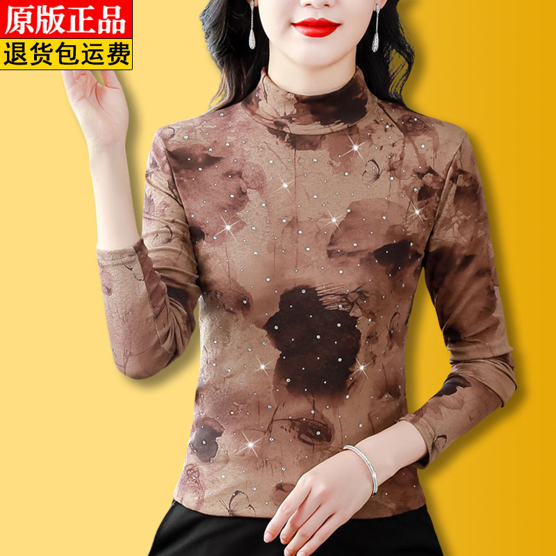 高檔燙鑽打底衫秋冬款復古印花半高領T恤收腰顯瘦加絨保暖上衣女