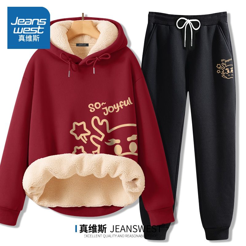 Sportswear suit women's autumn and winter 2023 new hooded sweatshirt and sweatpants lambswool thickened two-piece set