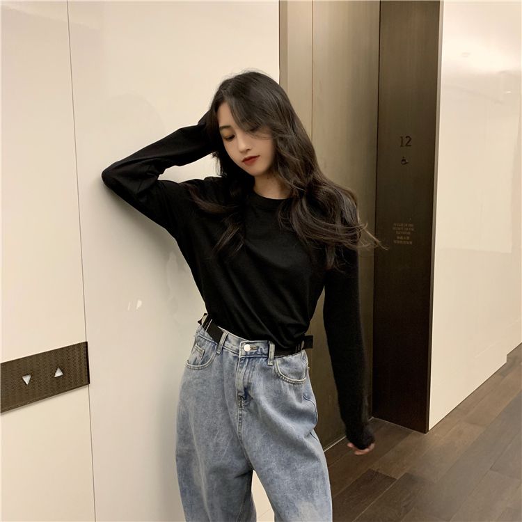 網紅爆款t恤打底衫女內搭純白色長袖上衣服寬鬆衛衣疊穿體恤秋季