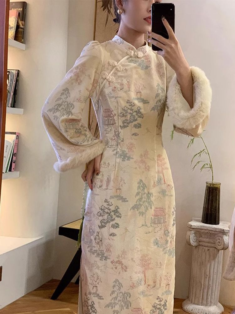 新中式國風長袖立領改良版旗袍2023年秋冬季加絨加厚新款連衣裙女