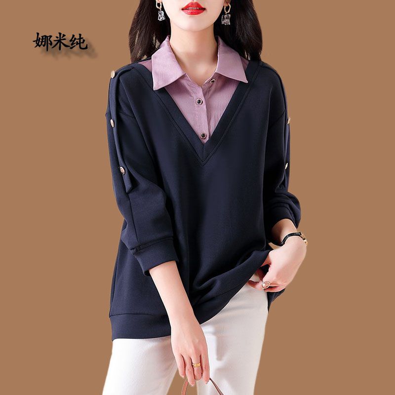 拼色大碼衛衣女2023秋冬新款加絨加厚時尚氣質寬鬆顯瘦假兩件衛衣