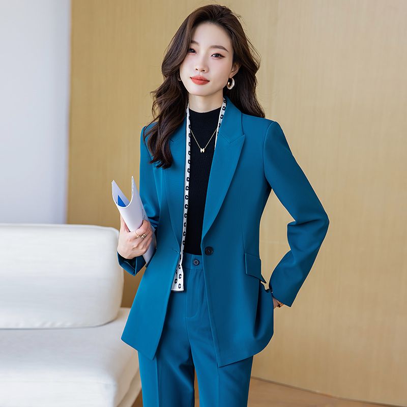 湖藍色西裝套裝女2023新款高級氣質女神范職業裝韓版穿搭西服外套
