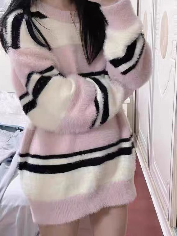 慵懶風仿水貂絨條紋毛衣女2023年秋冬季撞色寬鬆毛茸茸軟糯溫柔風