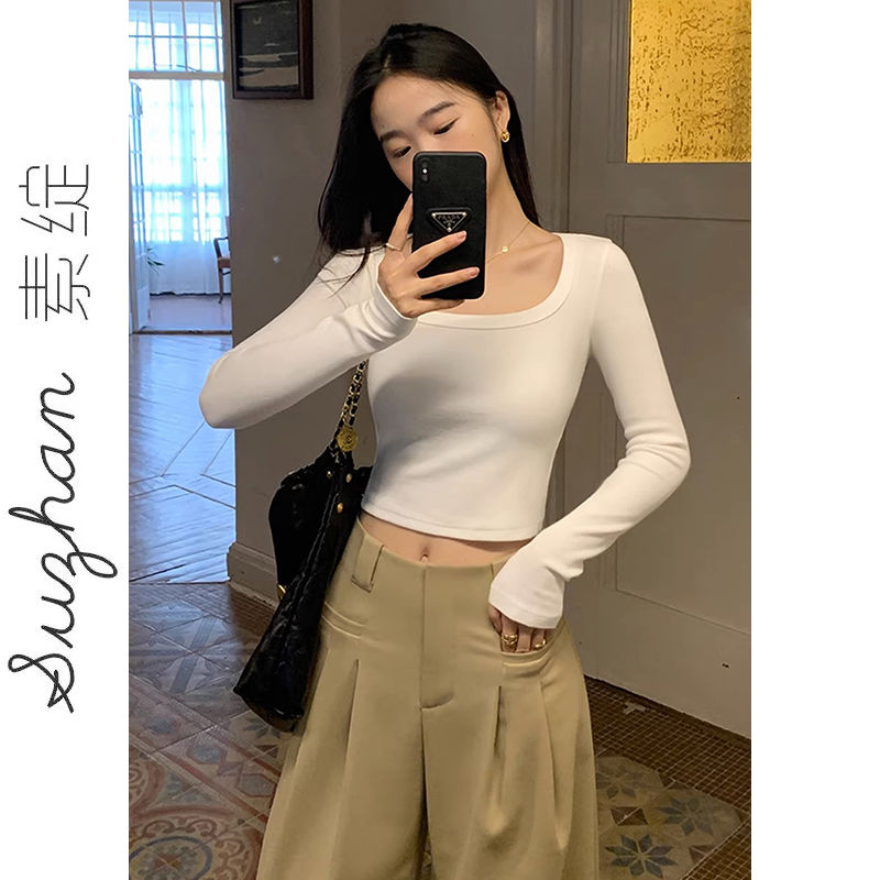 方領長袖t恤女秋冬修身打底百搭正肩辣妹高腰德絨加絨保暖短上衣