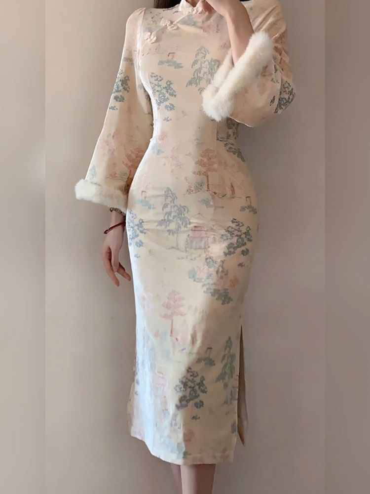 新中式輕國風改良旗袍印花連衣裙女2023秋冬復古優雅收腰盤扣長裙