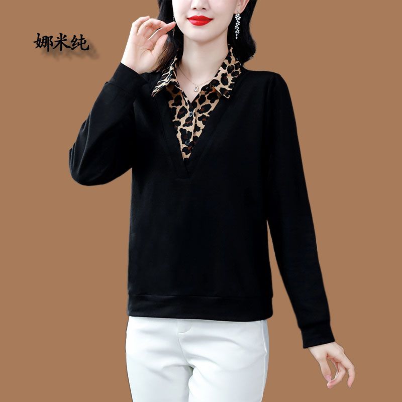 長袖豹紋假兩件襯衫衛衣女秋冬新款時尚洋氣媽媽氣質加絨加厚上衣