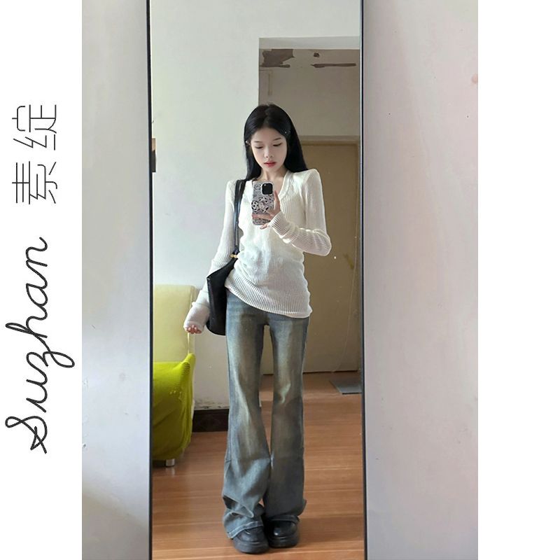 韓版甜辣妹鏤空v領長袖t恤女早秋內搭針織純欲修身顯瘦純色上衣潮