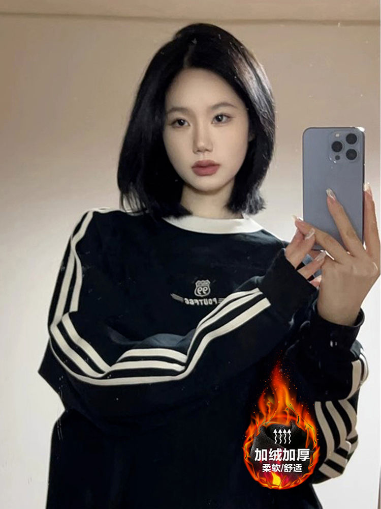 圓領復古無帽加絨衛衣女大碼胖mm長袖百搭情侶插肩慵懶寬鬆上衣潮