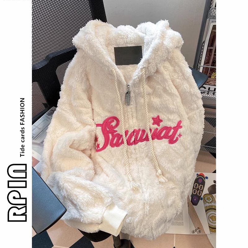 RPIN large size 2-300 pounds American retro lamb plush thickened hooded winter high street brand jacket for men and women
