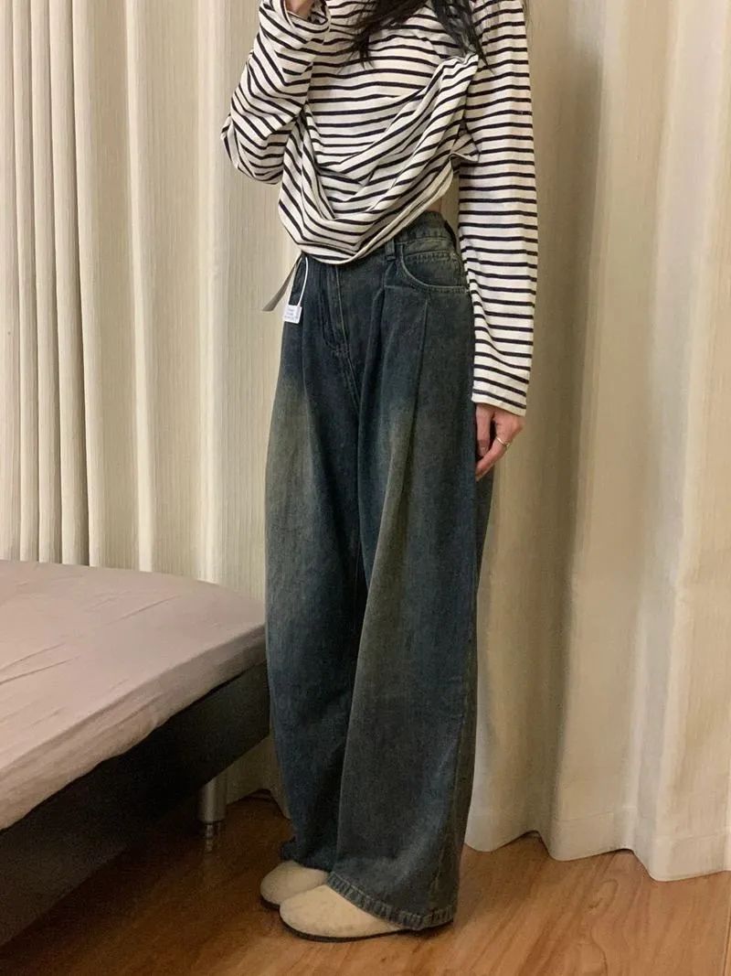 水洗復古褶皺設計感闊腿牛仔褲女秋冬美式做舊高腰寬鬆直筒褲子潮