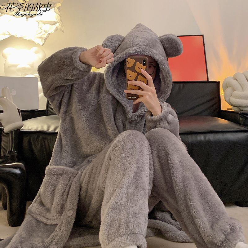 花季的故事睡衣女珊瑚絨秋冬季睡袍睡褲保暖慵懶風ins純色家居服