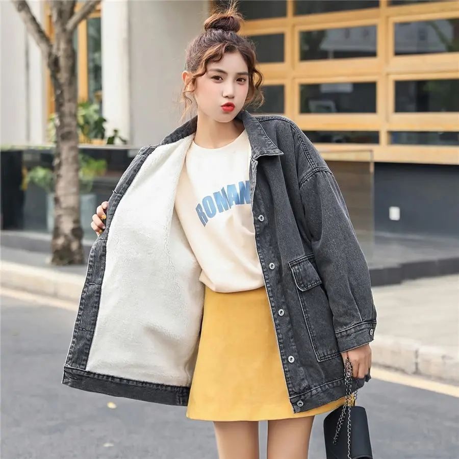 Thick velvet lamb wool denim jacket for women autumn and winter new Korean style student Hong Kong style bf workwear cotton top trendy