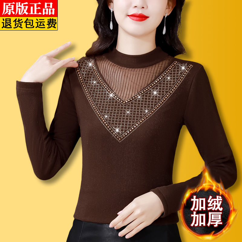 加絨加厚重工燙鑽針織打底衫女秋冬新款時尚蕾絲鏤空遮肚顯瘦上衣