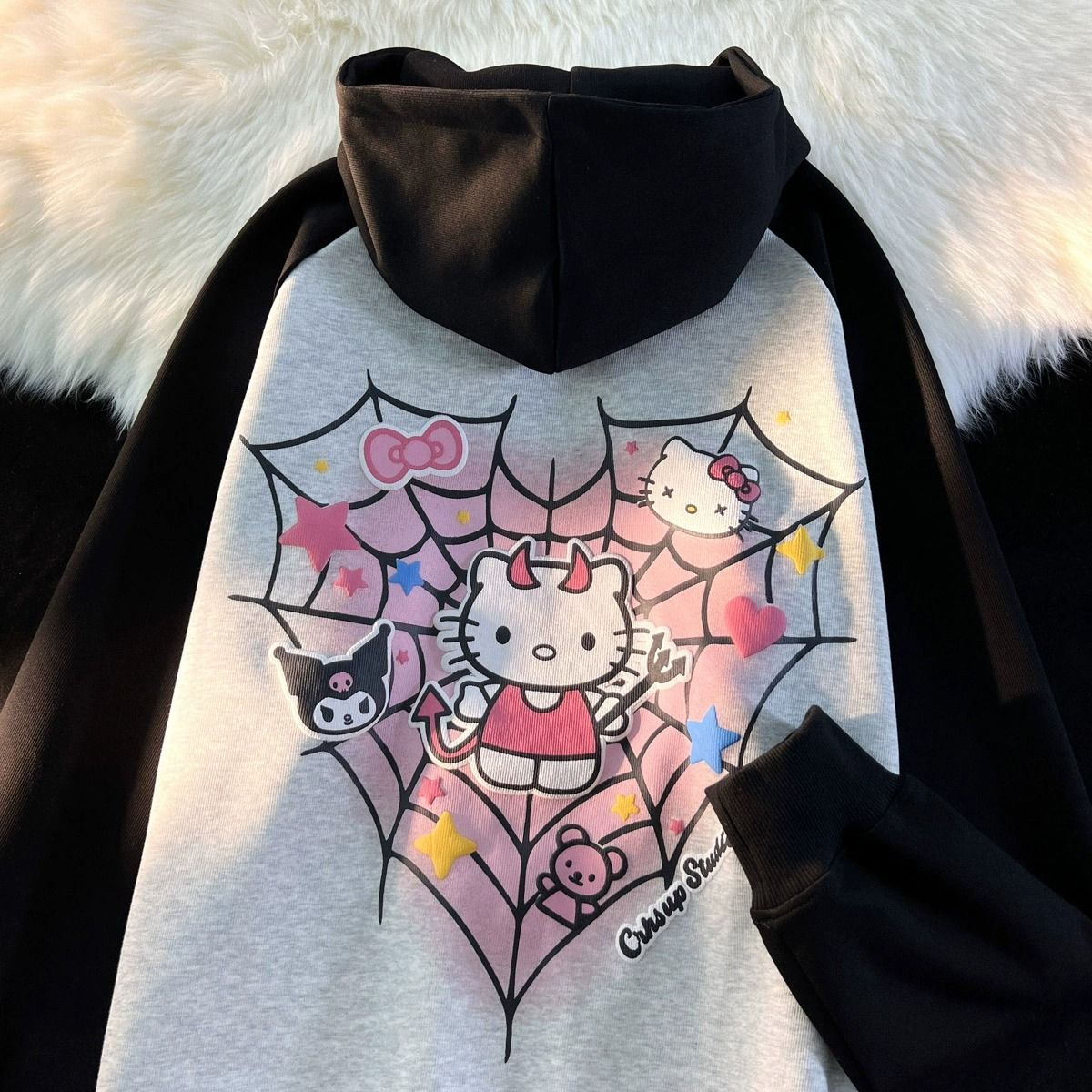 美式小惡魔凱蒂貓插肩袖連帽衛衣男女秋冬季街頭百搭情侶外套上衣