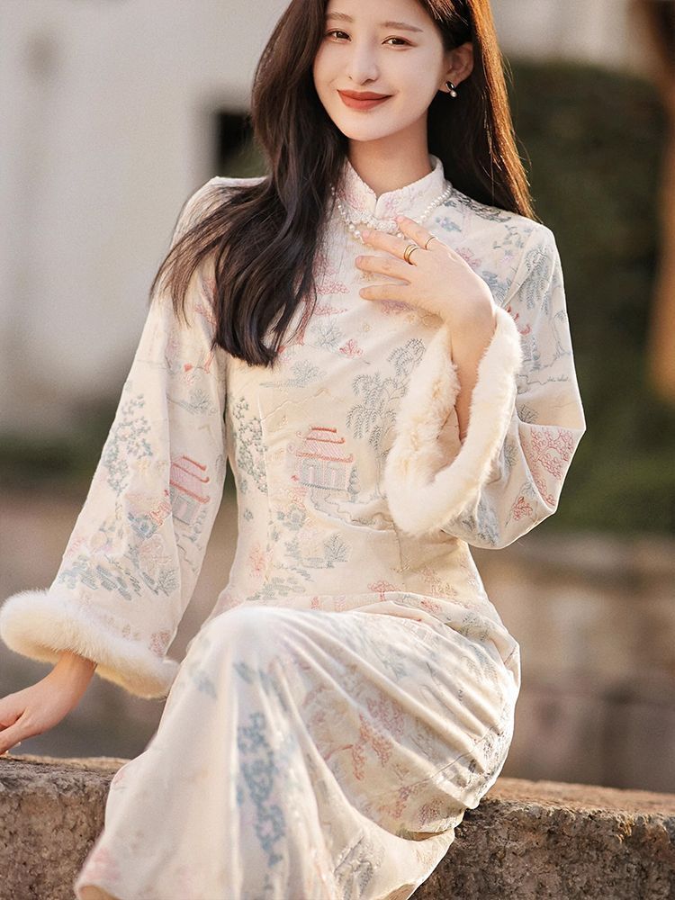 《亭台樓閣加厚加絨旗袍》東方美學!2023年冬季新中式國風連衣裙