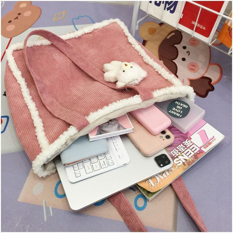 Super popular ins Japanese and Korean style shoulder tote bag, girl student class bag, wick plush, versatile, large capacity, autumn and winter