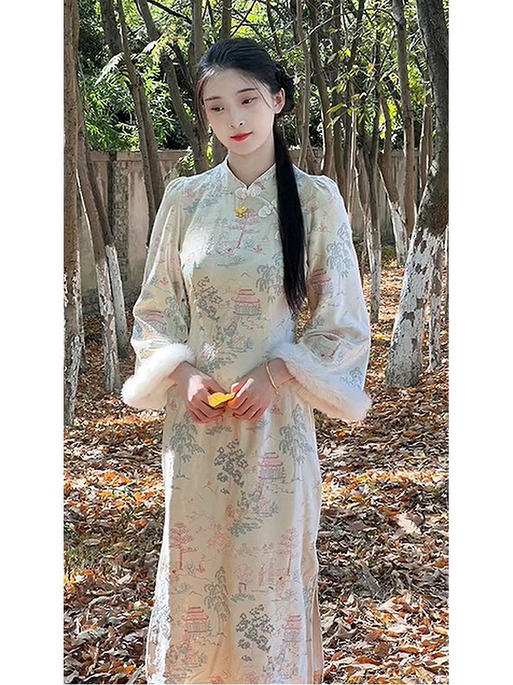 秋冬高級感超好看新中式顯身材顯瘦毛邊喇叭袖印花旗袍連衣裙子女