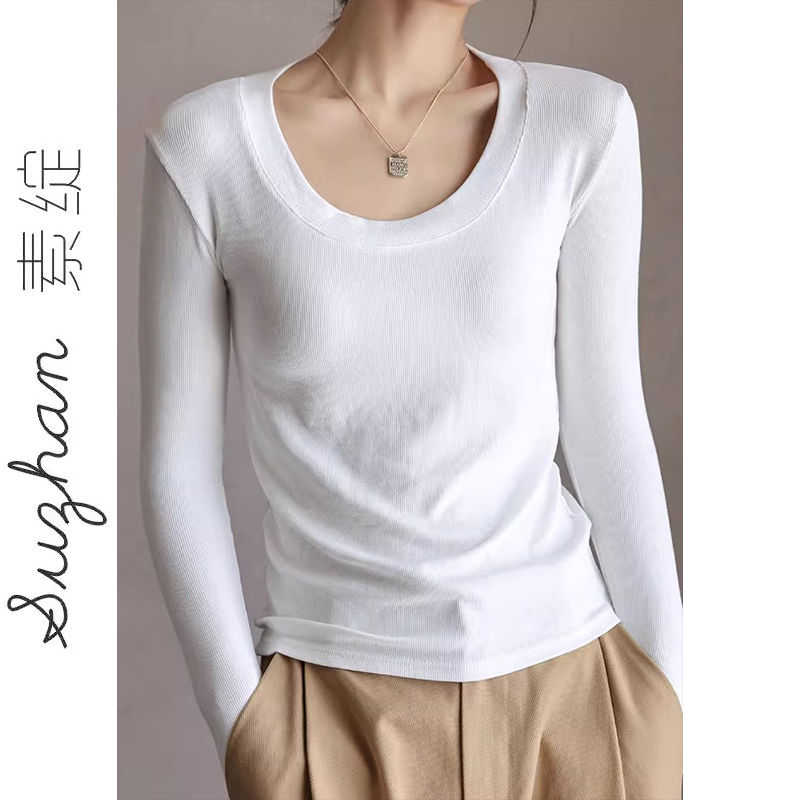 德絨白色長袖打底衫女秋冬修身小眾純欲設計感百搭圓領保暖上衣潮