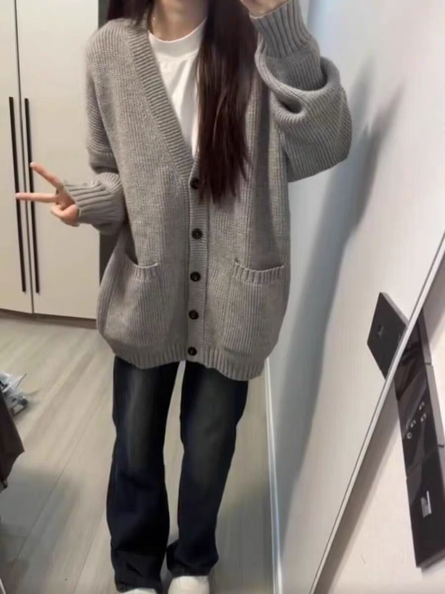 Sweater cardigan coat for women spring and autumn 2023 new small gray autumn and winter lazy style loose sweater