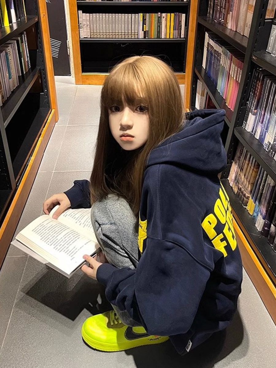 美式復古慵懶純棉秋冬藏青色連帽衛衣女oversize寬鬆上衣新款外套