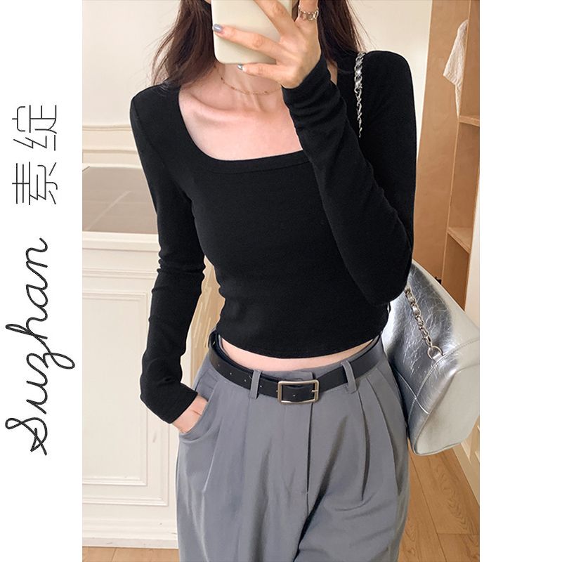 韓版德絨正肩方領長袖t恤女秋修身顯瘦內搭設計感小眾保暖短上衣