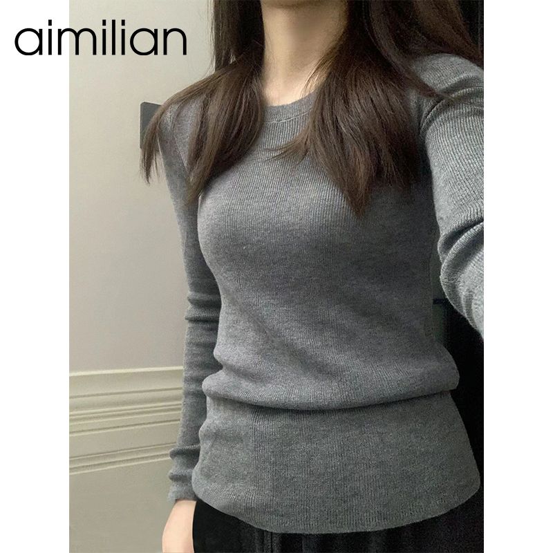 aimilian灰色針織衫毛衣女春秋冬內搭軟糯打底衫收腰顯瘦長袖上衣