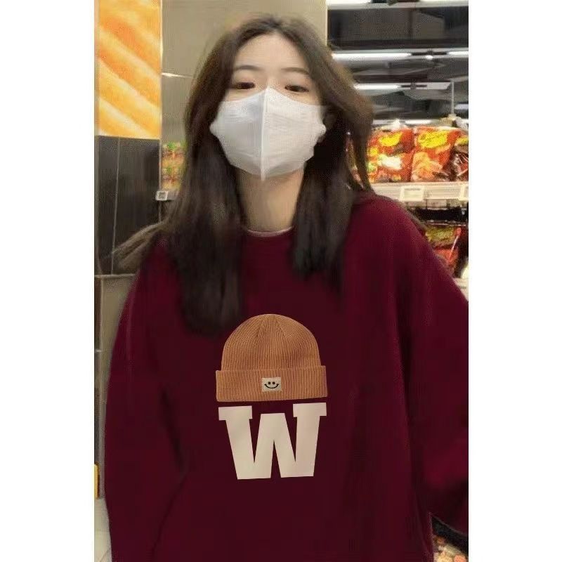 寬鬆韓系國潮oversize印花外套圓領衛衣女秋冬情侶美式顯瘦上衣