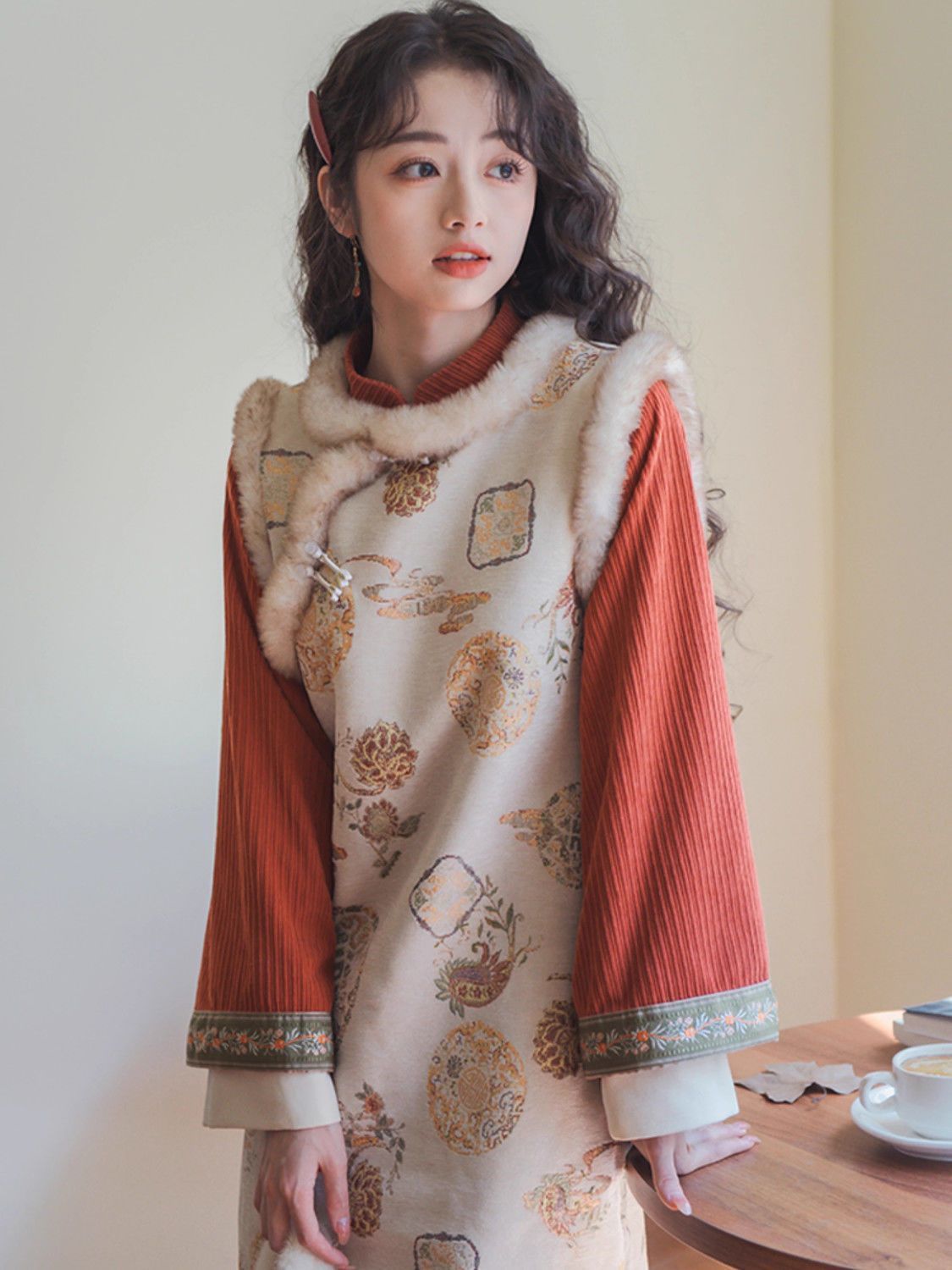 【宮牆雪】絕美氣質2023秋冬季旗袍馬甲新中式紅色連衣裙國風套裝