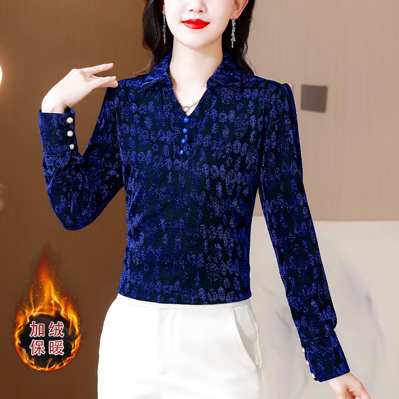 加絨加厚長袖打底衫女秋冬季新款百搭顯瘦減齡修身洋氣小衫上衣女