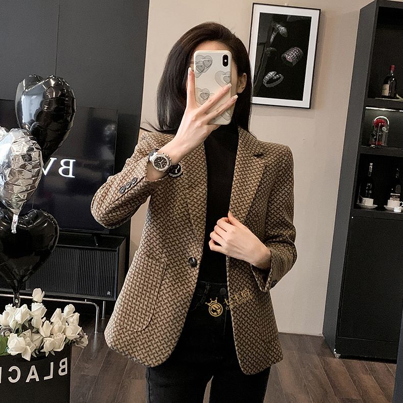 Houndstooth suit jacket for women autumn and winter retro British style 2024 new small Korean style casual suit top
