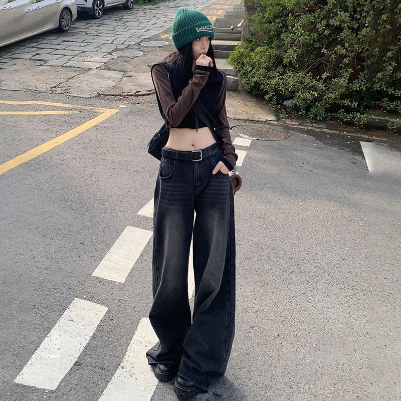 美式高街闊腿牛仔褲女新款秋季高腰寬鬆顯瘦直筒垂感拖地褲長褲潮