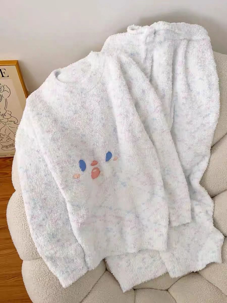 珊瑚絨睡衣女冬季2023年新款甜美笑臉半邊絨加厚可外穿家居服套裝