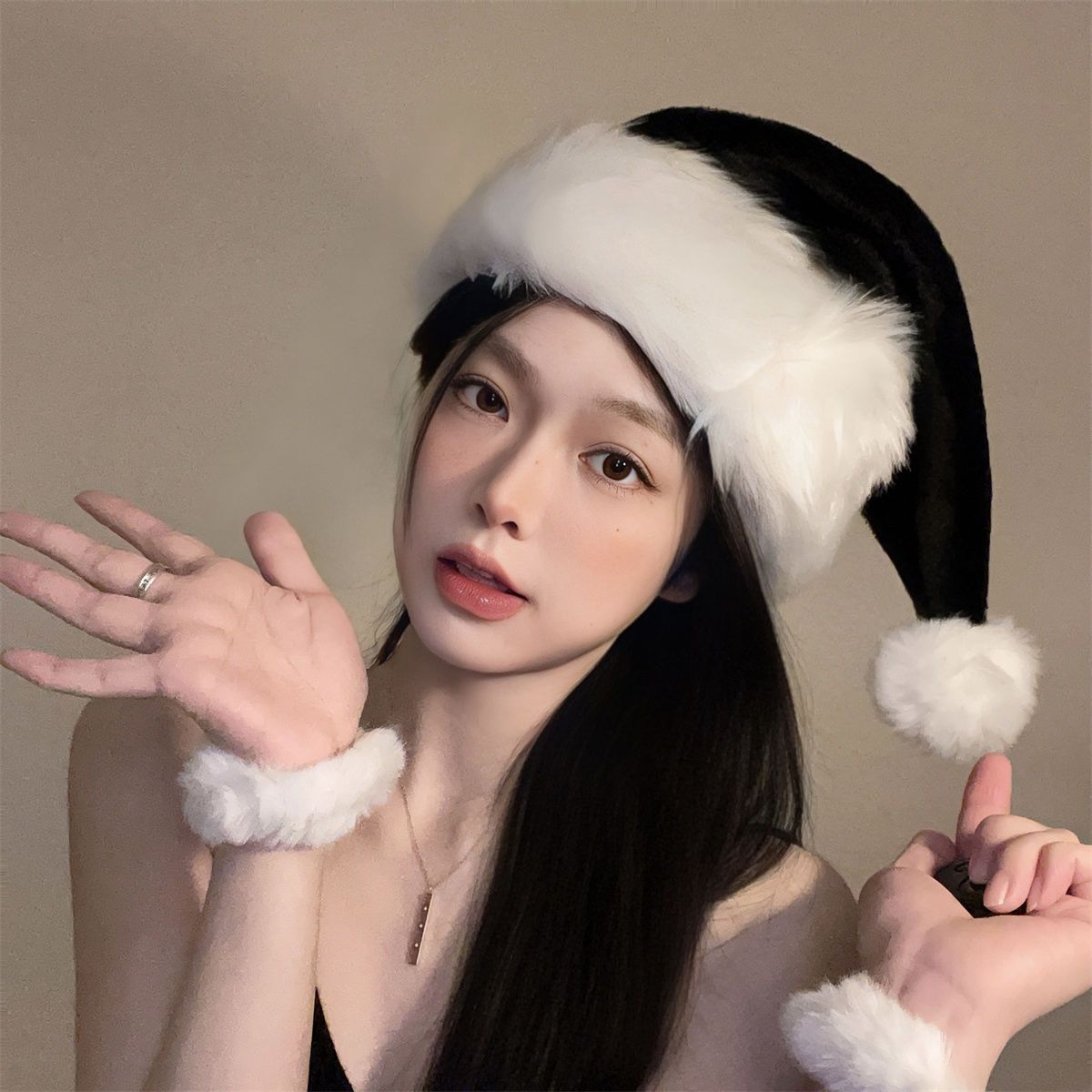 黑色聖誕長毛絨毛絨大球聖誕節加長派對裝扮帽子頭飾網紅拍照道具