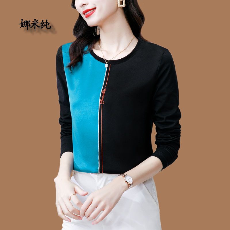 時尚高端仿真絲T恤上衣2023秋款寬鬆內搭拼接長袖刺繡圓領打底衫