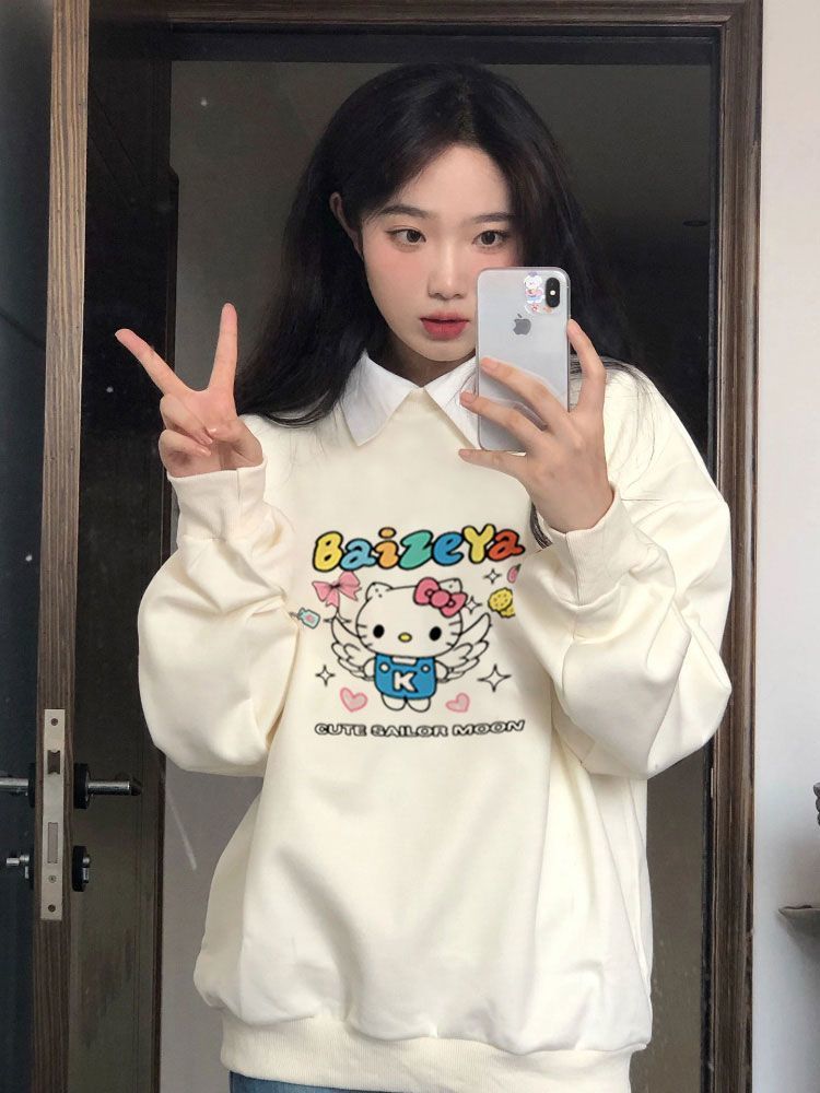 卡通美式衛衣女圓領秋冬2023新款純棉ins百搭oversize上衣長袖潮