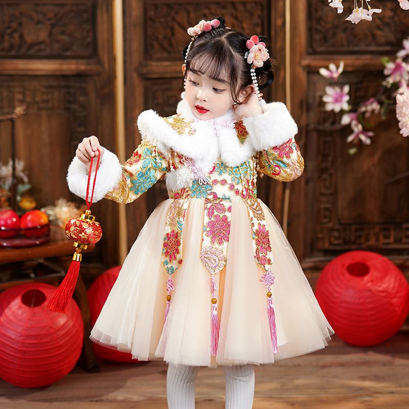 女童漢服冬季寶寶拜年服兒童新年衣服公主裙冬裝加絨唐裝過年衣服